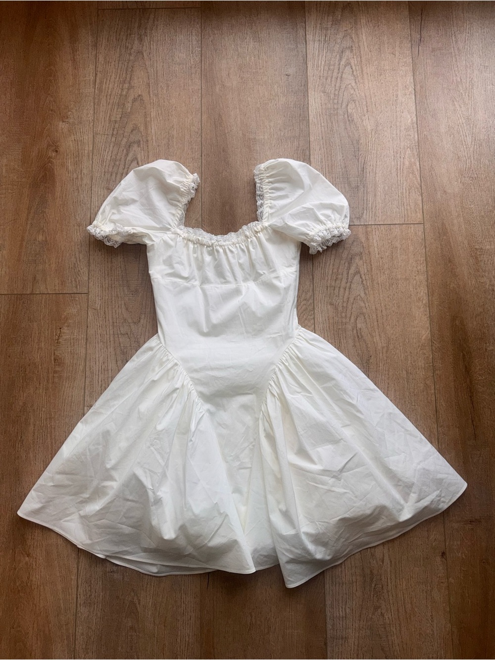 House of CB white mini dress with lace trim, size XS